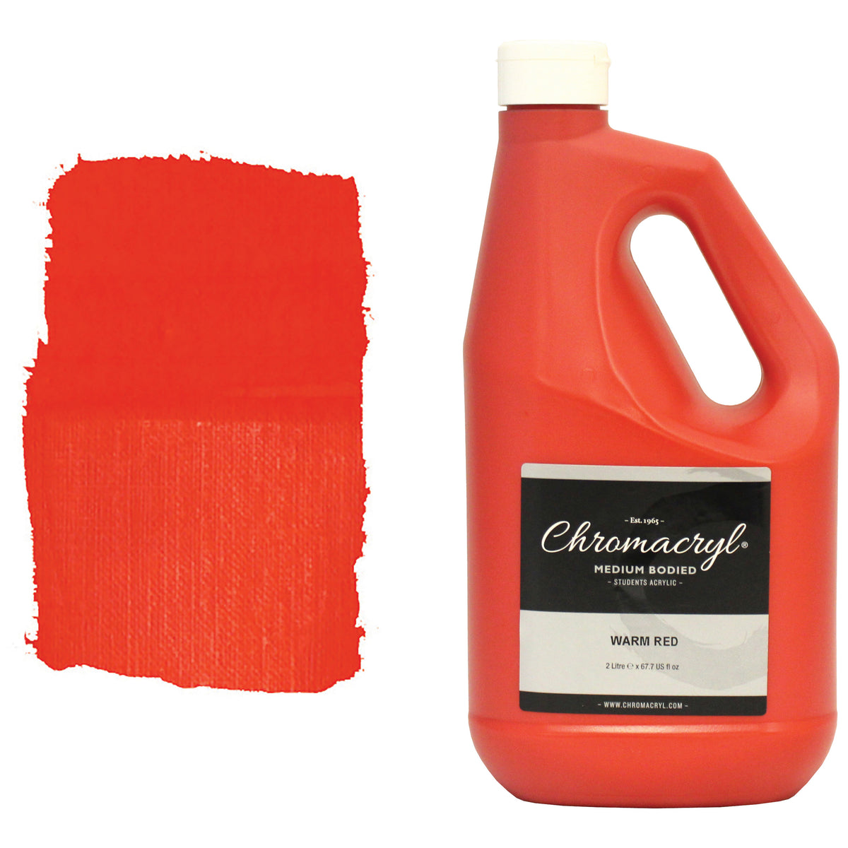 Chroma Chromacryl Warm Red acrylic paint 2 litre bottle with carry handle beside a painted swatch of a bright orange-red