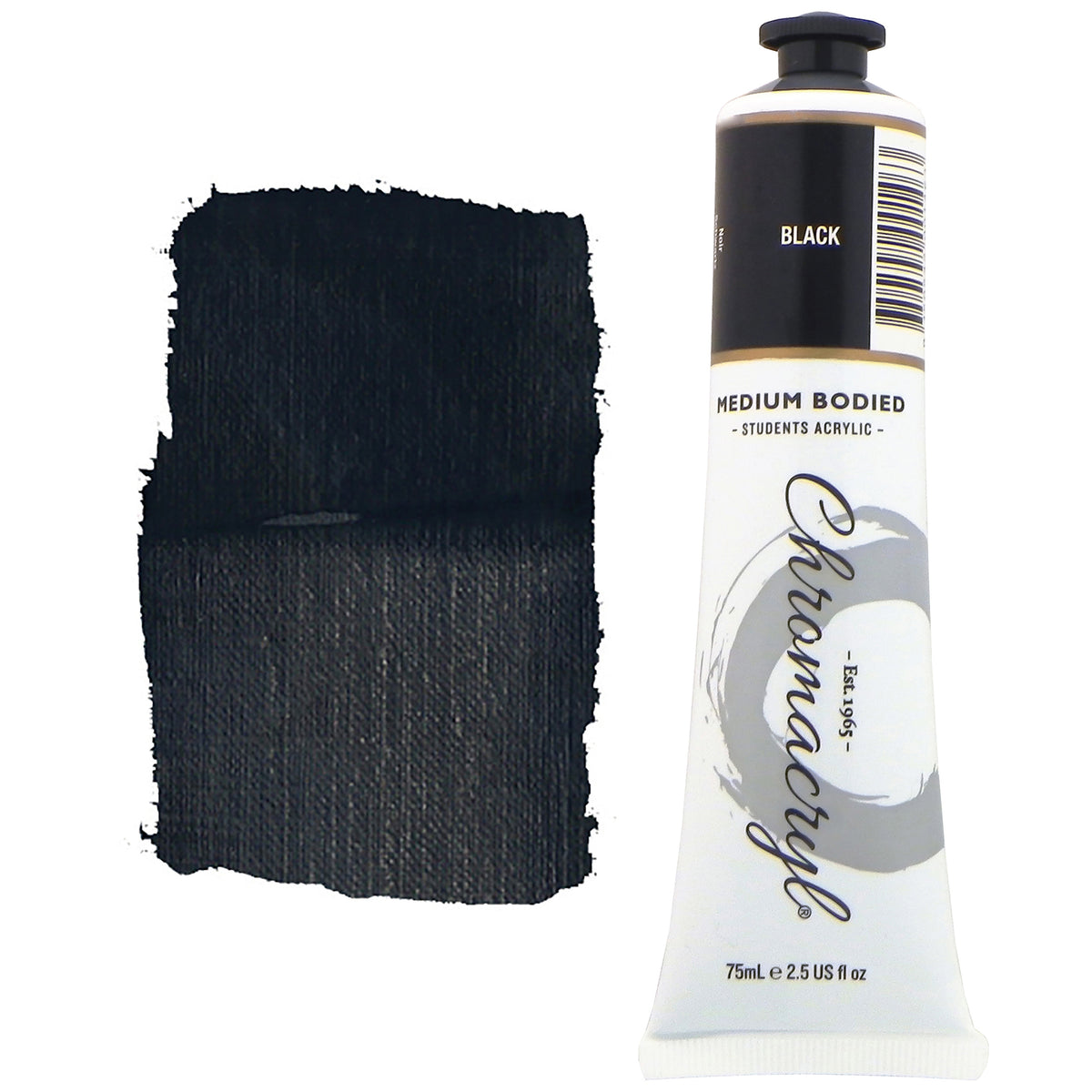 Chroma Chromacryl Student Acrylic Paint 75ml Tube Black: tube beside a painted swatch of a dense, inky black that shows a faint sheen where brushed thinly over canvas