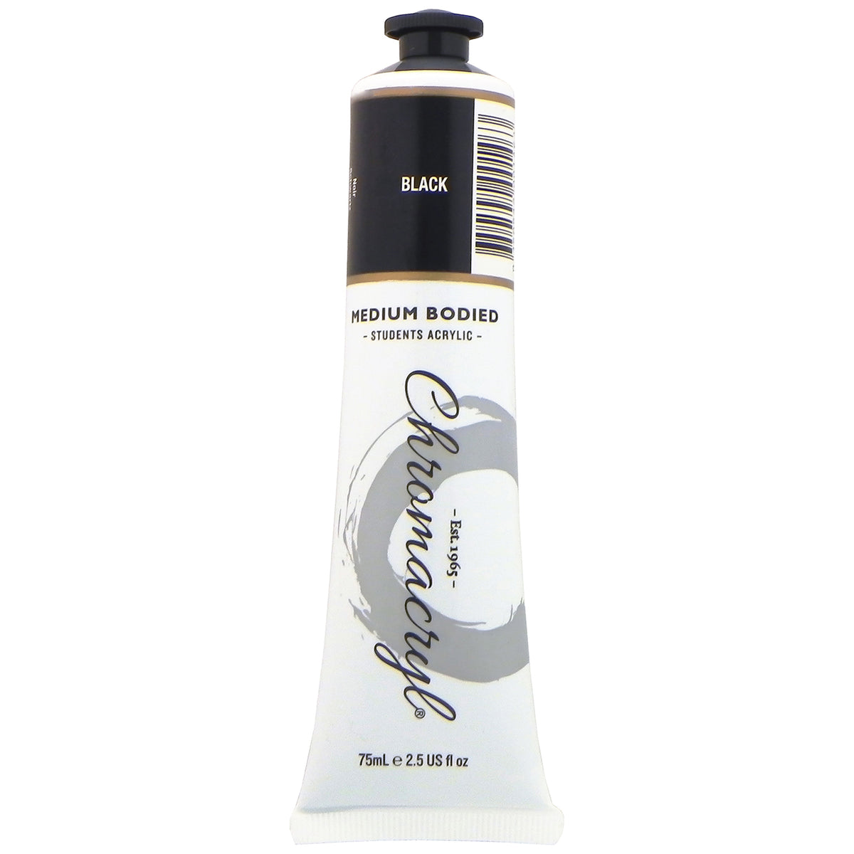 Chroma Chromacryl Student Acrylic Paint 75ml Tube Black: upright tube with the Black label band, Medium Bodied Students' Acrylic and 75mL e 2.5 US fl oz printed on the white body