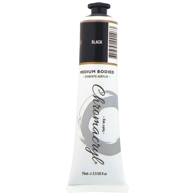 Chroma Chromacryl Student Acrylic Paint 75ml Tube Black: upright tube with the Black label band, Medium Bodied Students' Acrylic and 75mL e 2.5 US fl oz printed on the white body