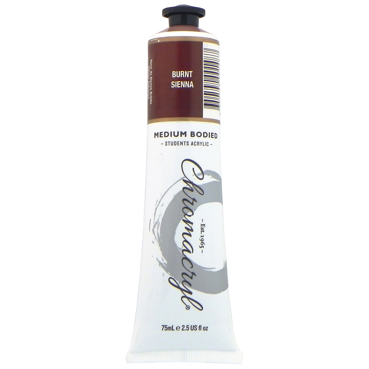 Chroma Chromacryl Student Acrylic Paint 75ml Tube Burnt Sienna: upright tube with the Burnt Sienna label band, Medium Bodied Students' Acrylic and 75mL e 2.5 US fl oz printed on the white body