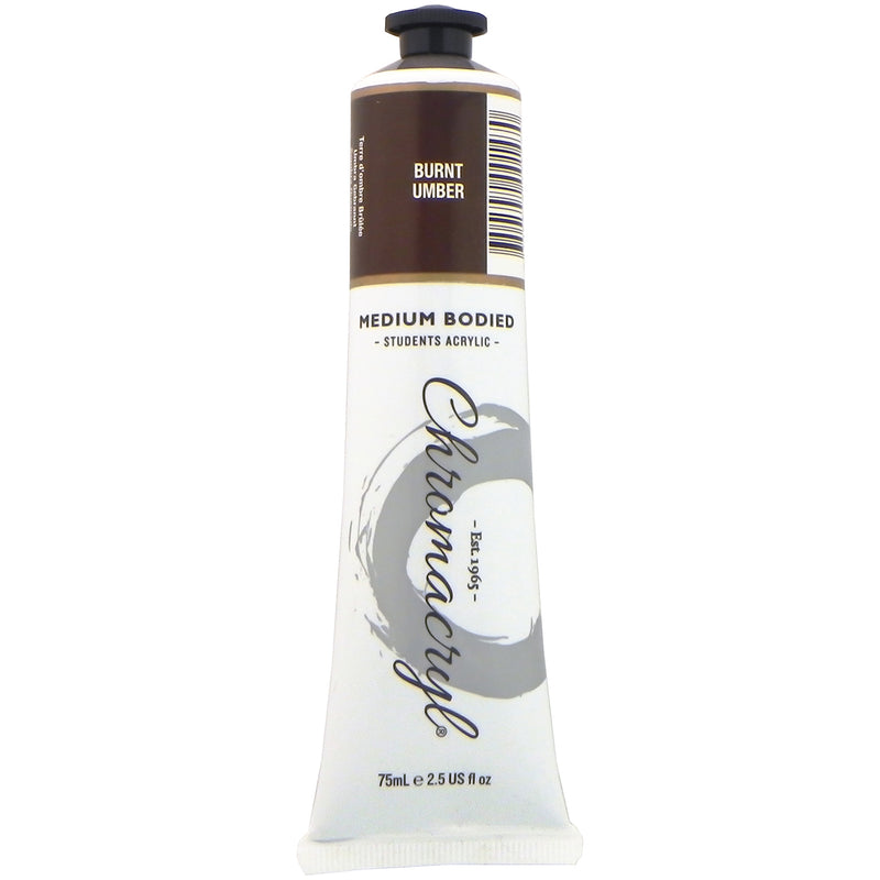 Chroma Chromacryl Student Acrylic Paint 75ml Tube Burnt Umber: upright tube with the Burnt Umber label band, Medium Bodied Students' Acrylic and 75mL e 2.5 US fl oz printed on the white body