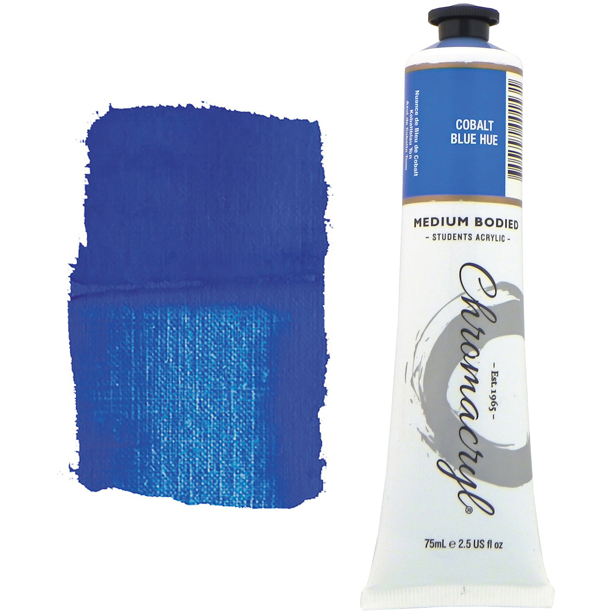Chroma Chromacryl Student Acrylic Paint 75ml Tube Cobalt Blue: tube beside a painted swatch of a clear, mid-strength royal blue with a slightly brighter cast where thin