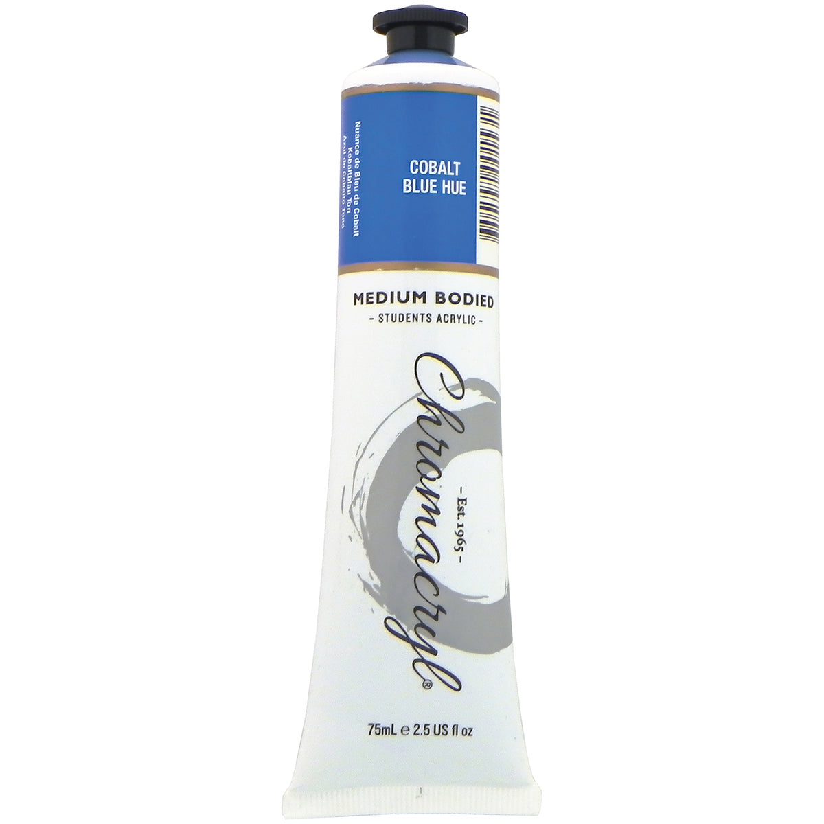 Chroma Chromacryl Student Acrylic Paint 75ml Tube Cobalt Blue: upright tube with the Cobalt Blue label band, label also printed Cobalt Blue Hue, Medium Bodied Students' Acrylic and 75mL e 2.5 US fl oz printed on the white body