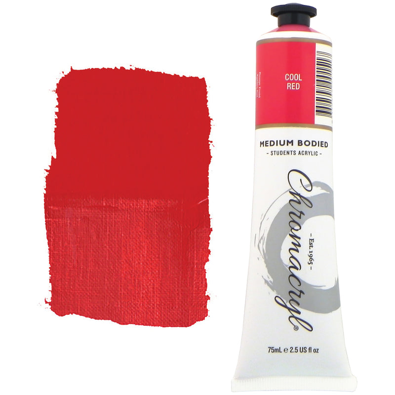 Chroma Chromacryl Student Acrylic Paint 75ml Tube Cool Red: tube beside a painted swatch of a bright, clean red with a faintly cool, crimson lean