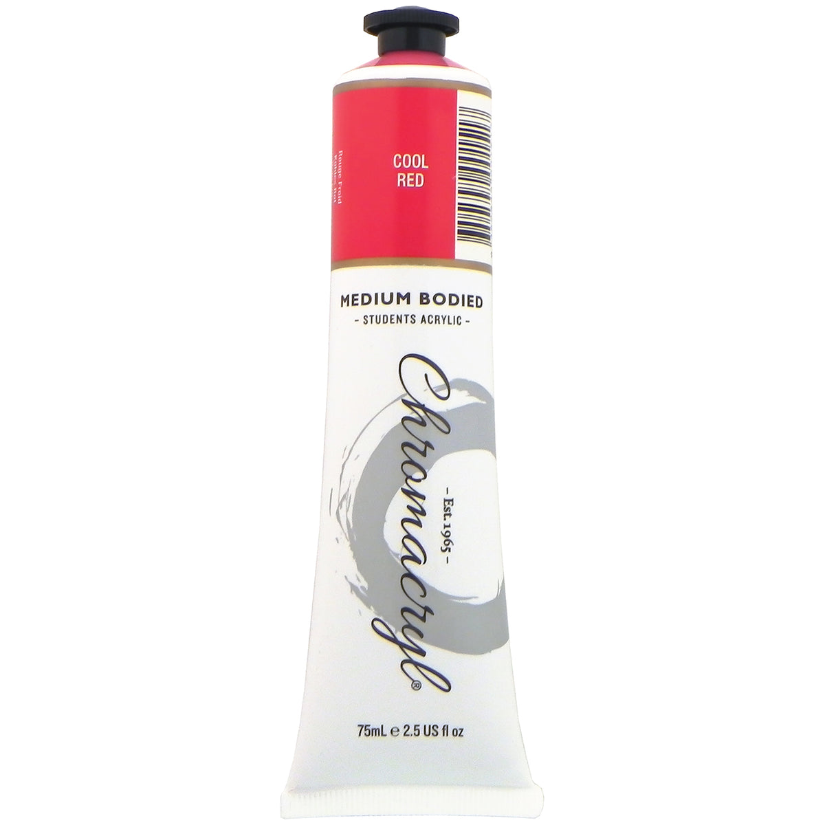 Chroma Chromacryl Student Acrylic Paint 75ml Tube Cool Red: upright tube with the Cool Red label band, Medium Bodied Students' Acrylic and 75mL e 2.5 US fl oz printed on the white body