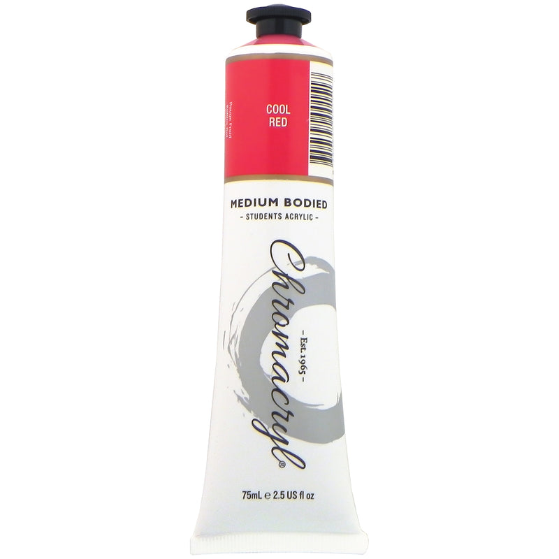 Chroma Chromacryl Student Acrylic Paint 75ml Tube Cool Red: upright tube with the Cool Red label band, Medium Bodied Students' Acrylic and 75mL e 2.5 US fl oz printed on the white body
