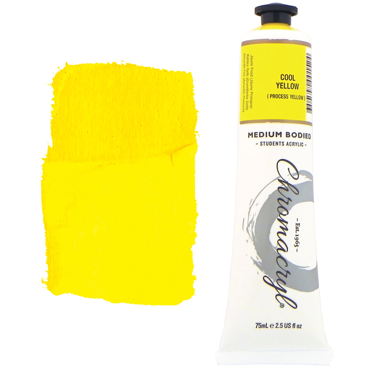 Chroma Chromacryl Student Acrylic Paint 75ml Tube Cool Yellow: tube beside a painted swatch of a bright, sharp lemon yellow