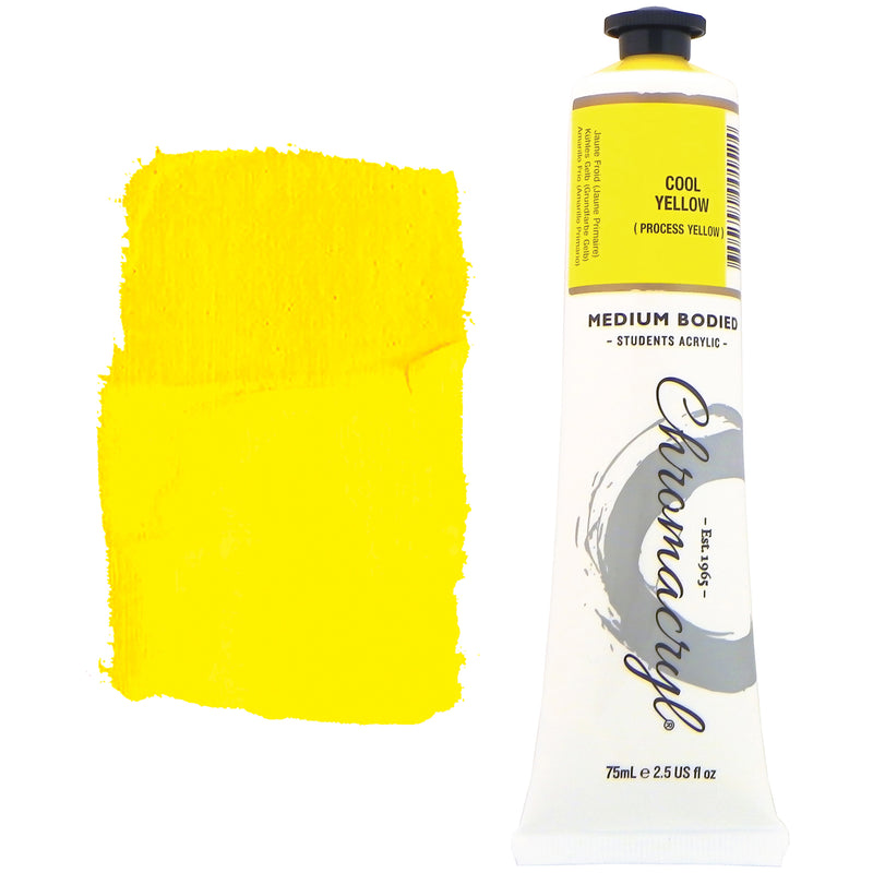 Chroma Chromacryl Student Acrylic Paint 75ml Tube Cool Yellow: tube beside a painted swatch of a bright, sharp lemon yellow