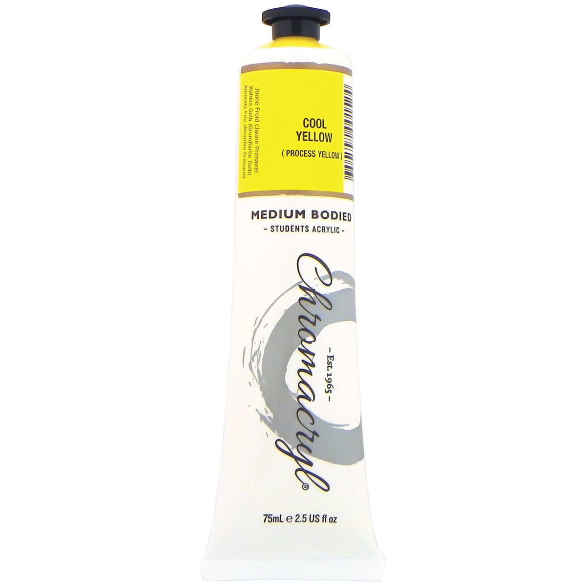 Chroma Chromacryl Student Acrylic Paint 75ml Tube Cool Yellow: upright tube with the Cool Yellow label band, label also printed Process Yellow, Medium Bodied Students' Acrylic and 75mL e 2.5 US fl oz printed on the white body