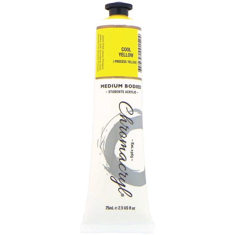 Chroma Chromacryl Student Acrylic Paint 75ml Tube Cool Yellow: upright tube with the Cool Yellow label band, label also printed Process Yellow, Medium Bodied Students' Acrylic and 75mL e 2.5 US fl oz printed on the white body