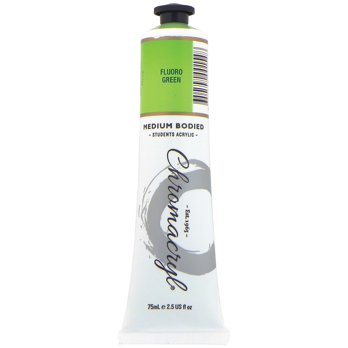 Chroma Chromacryl Student Acrylic Paint 75ml Tube Fluoro Green: upright tube with a bright lime green label band printed Fluoro Green, Chromacryl script logo and 75mL e 2.5 US fl oz marking