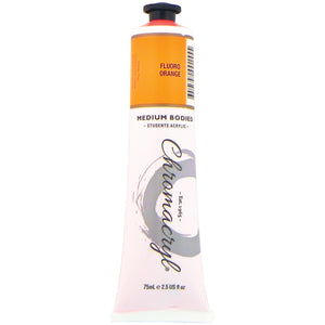 Chroma Chromacryl Student Acrylic Paint 75ml Tube Fluoro Orange: upright tube with a bright orange label band printed Fluoro Orange, Chromacryl script logo and 75mL e 2.5 US fl oz marking