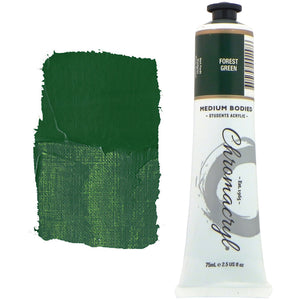 Chroma Chromacryl Student Acrylic Paint 75ml Tube Forest Green: tube beside a painted swatch of a dark, cool bottle green that lifts to a mid green where thin
