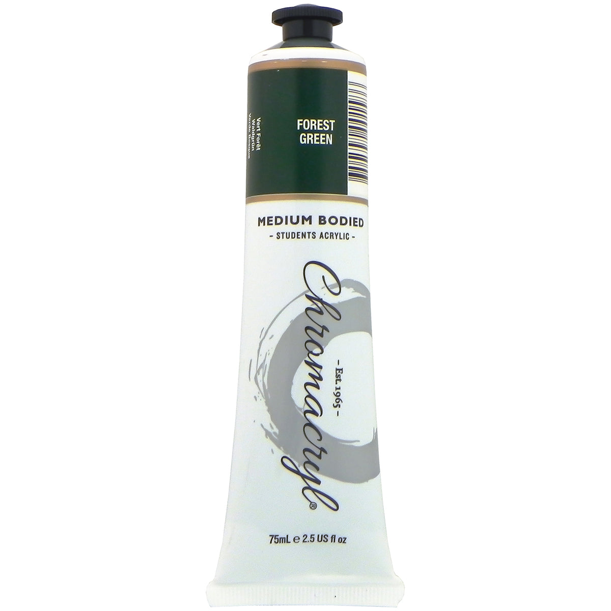 Chroma Chromacryl Student Acrylic Paint 75ml Tube Forest Green: upright tube with the Forest Green label band, Medium Bodied Students' Acrylic and 75mL e 2.5 US fl oz printed on the white body