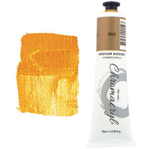 Chroma Chromacryl Student Acrylic Paint 75ml Tube Gold: tube beside a painted swatch of a warm golden swatch with a glinting, shimmering surface