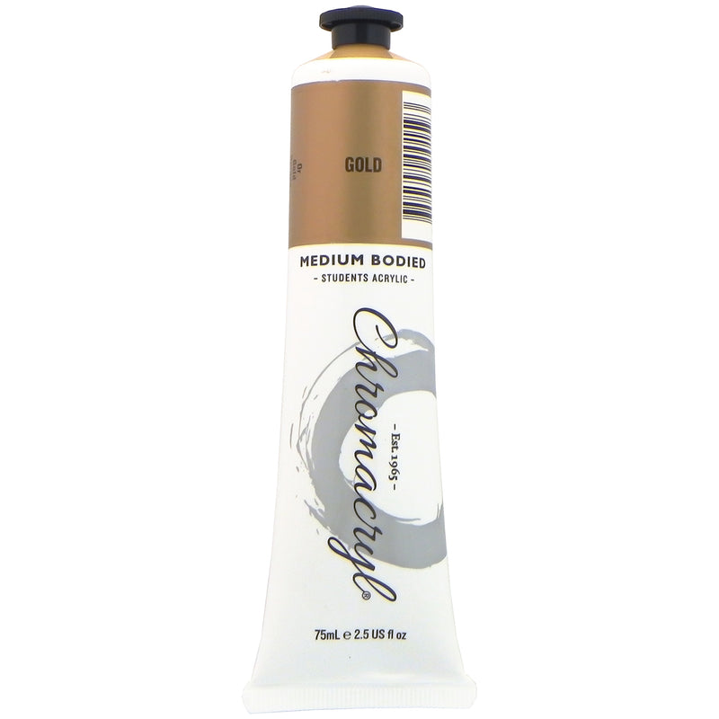 Chroma Chromacryl Student Acrylic Paint 75ml Tube Gold: upright tube with the Gold label band, Medium Bodied Students' Acrylic and 75mL e 2.5 US fl oz printed on the white body
