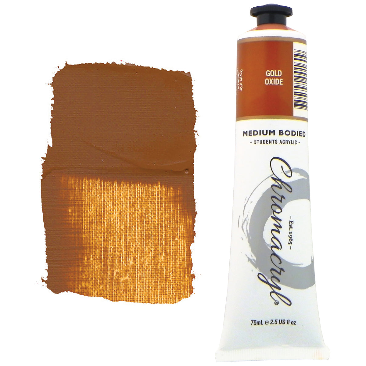 Chroma Chromacryl Student Acrylic Paint 75ml Tube Gold Oxide: tube beside a painted swatch of a warm caramel ochre brown that turns golden tan where thinly brushed