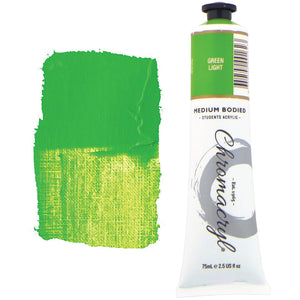 Chroma Chromacryl Student Acrylic Paint 75ml Tube Green Light: tube beside a painted swatch of a fresh, bright leaf green with a yellow lean