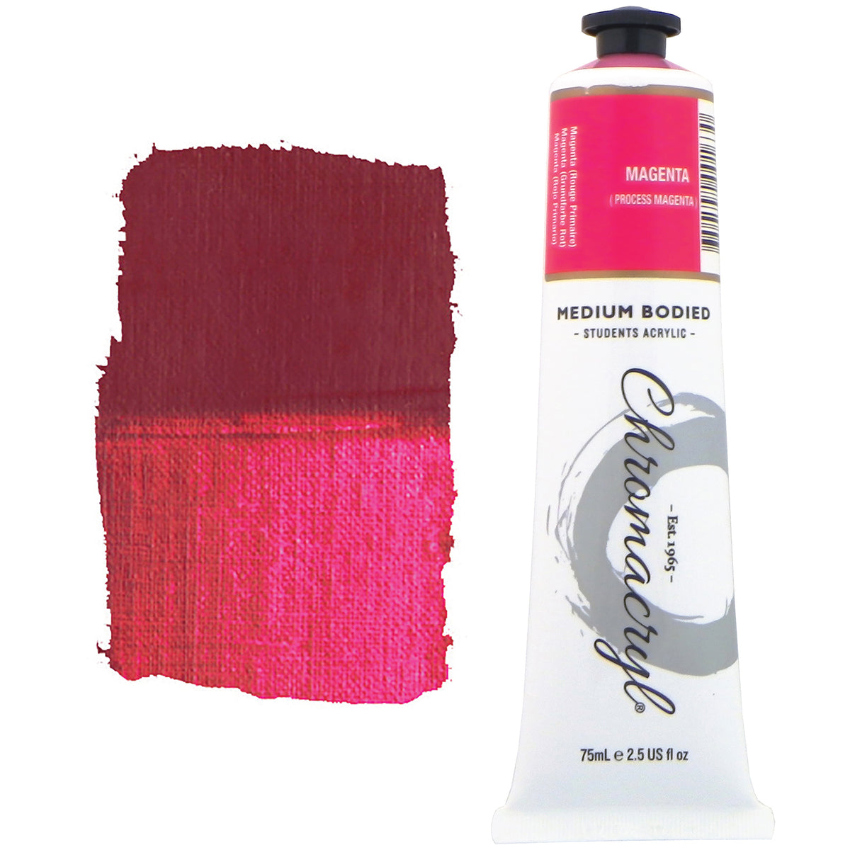 Chroma Chromacryl Student Acrylic Paint 75ml Tube Magenta: tube beside a painted swatch of a deep crimson magenta where thick and a vivid pink where thinly brushed