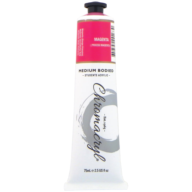 Chroma Chromacryl Student Acrylic Paint 75ml Tube Magenta: upright tube with the Magenta label band, label also printed Process Magenta, Medium Bodied Students' Acrylic and 75mL e 2.5 US fl oz printed on the white body