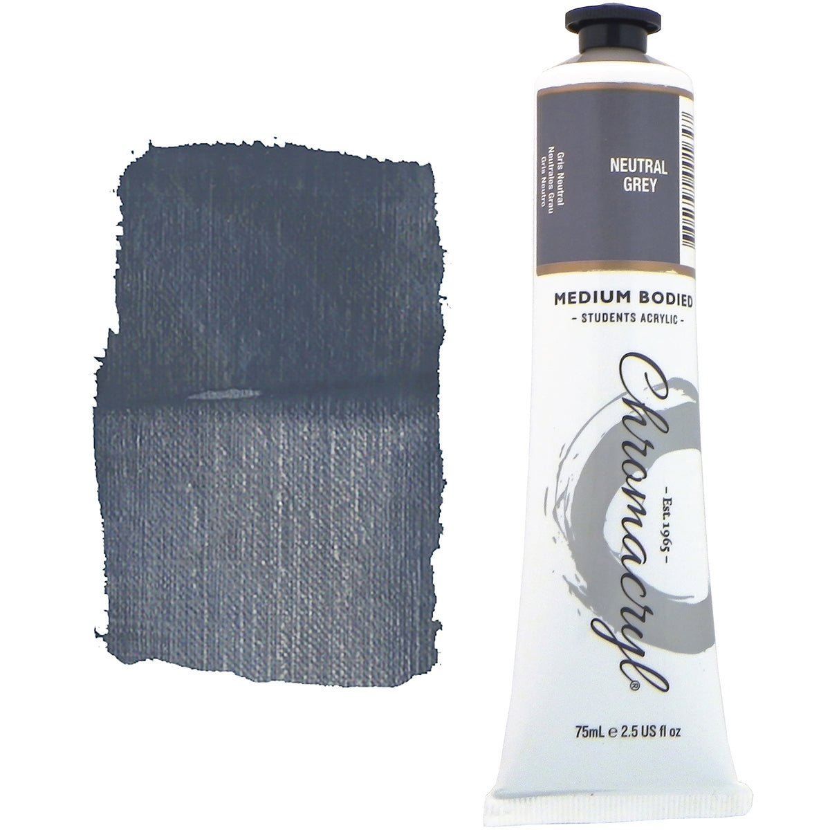 Chroma Chromacryl Student Acrylic Paint 75ml Tube Neutral Grey: tube beside a painted swatch of a slate grey with a cool blue undertone
