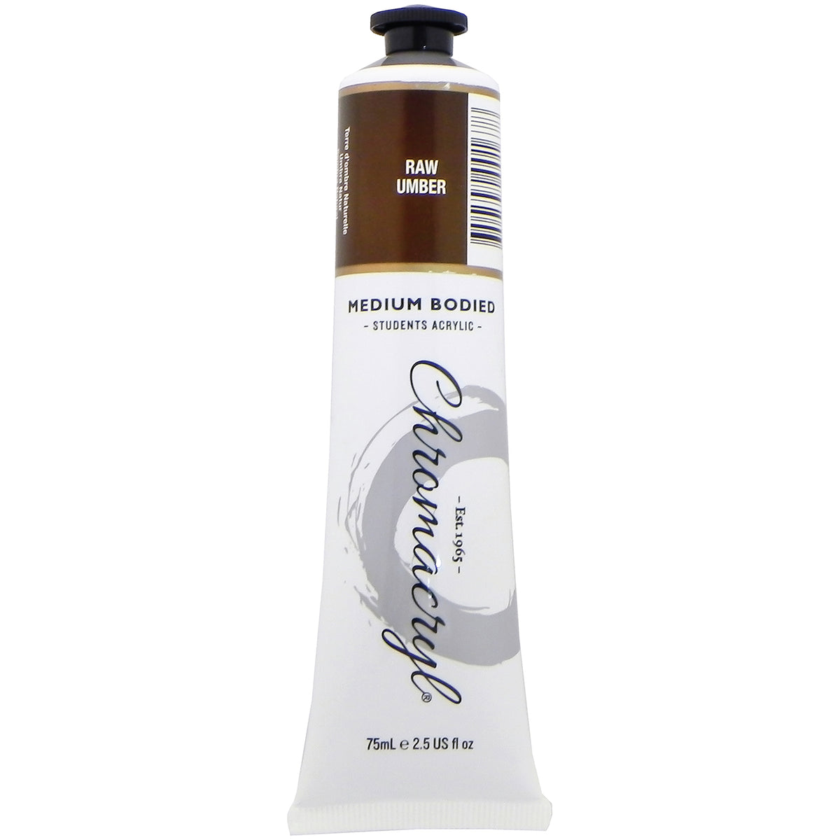 Chroma Chromacryl Student Acrylic Paint 75ml Tube Raw Umber: upright tube with the Raw Umber label band, Medium Bodied Students' Acrylic and 75mL e 2.5 US fl oz printed on the white body