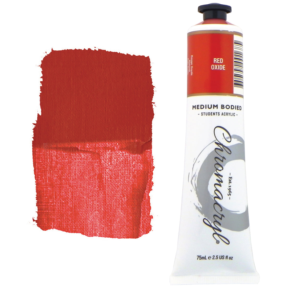 Chroma Chromacryl Student Acrylic Paint 75ml Tube Red Oxide: tube beside a painted swatch of an earthy brick red, a little lighter and pinker where thinly brushed