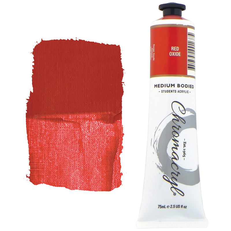 Chroma Chromacryl Student Acrylic Paint 75ml Tube Red Oxide: tube beside a painted swatch of an earthy brick red, a little lighter and pinker where thinly brushed