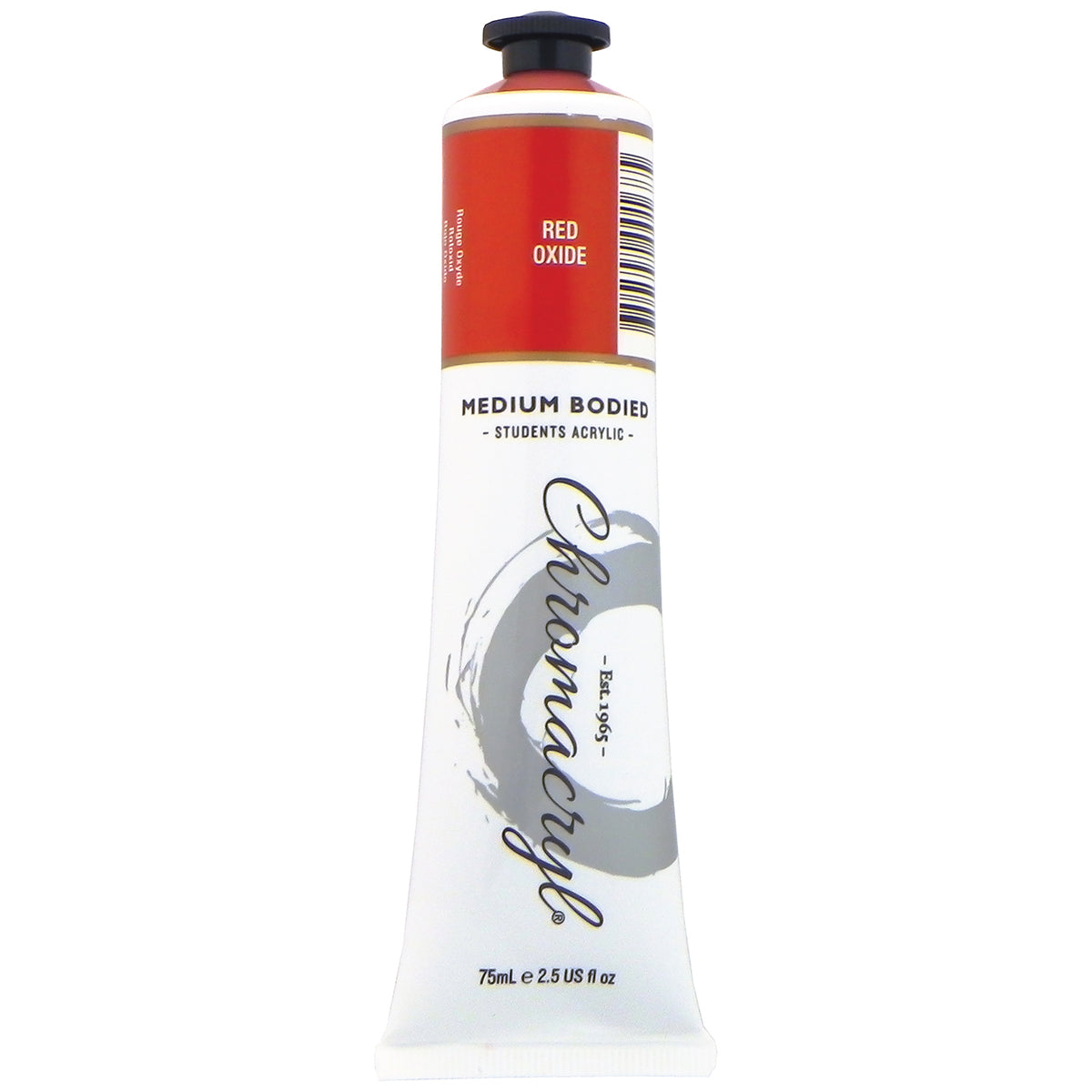Chroma Chromacryl Student Acrylic Paint 75ml Tube Red Oxide: upright tube with the Red Oxide label band, Medium Bodied Students' Acrylic and 75mL e 2.5 US fl oz printed on the white body