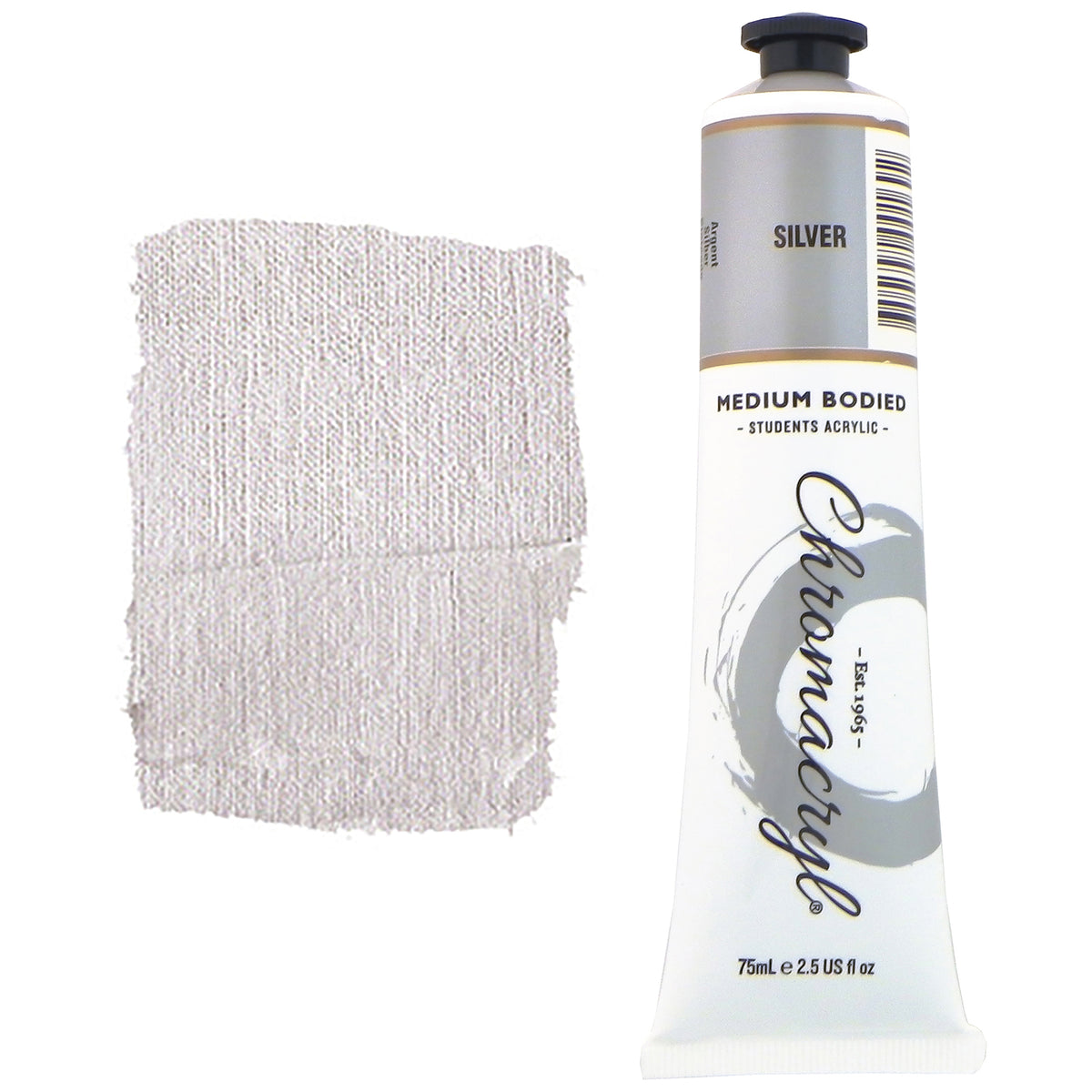 Chroma Chromacryl Student Acrylic Paint 75ml Tube Silver: tube beside a painted swatch of a pale silvery grey with a shimmering surface