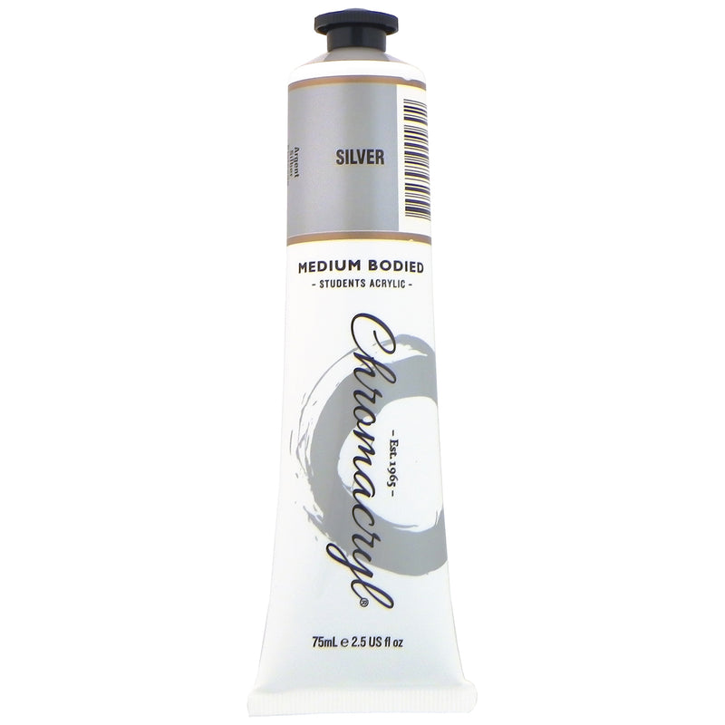 Chroma Chromacryl Student Acrylic Paint 75ml Tube Silver: upright tube with the Silver label band, Medium Bodied Students' Acrylic and 75mL e 2.5 US fl oz printed on the white body