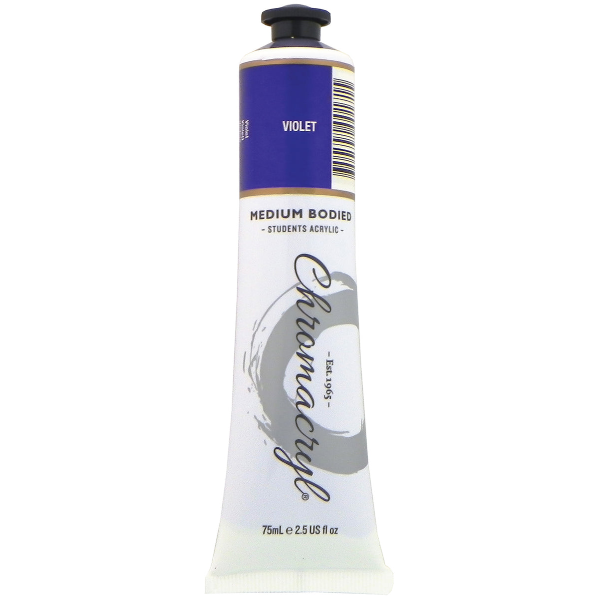 Chroma Chromacryl Student Acrylic Paint 75ml Tube Violet: upright tube with the Violet label band, Medium Bodied Students' Acrylic and 75mL e 2.5 US fl oz printed on the white body
