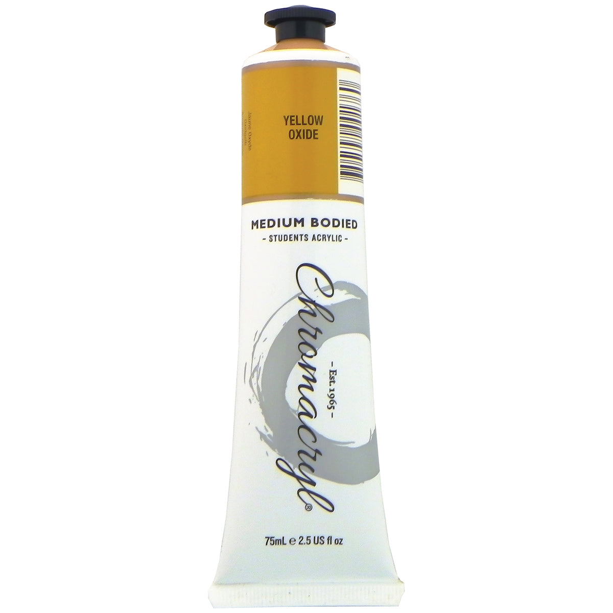 Chroma Chromacryl Student Acrylic Paint 75ml Tube Yellow Oxide: upright tube with the Yellow Oxide label band, Medium Bodied Students' Acrylic and 75mL e 2.5 US fl oz printed on the white body