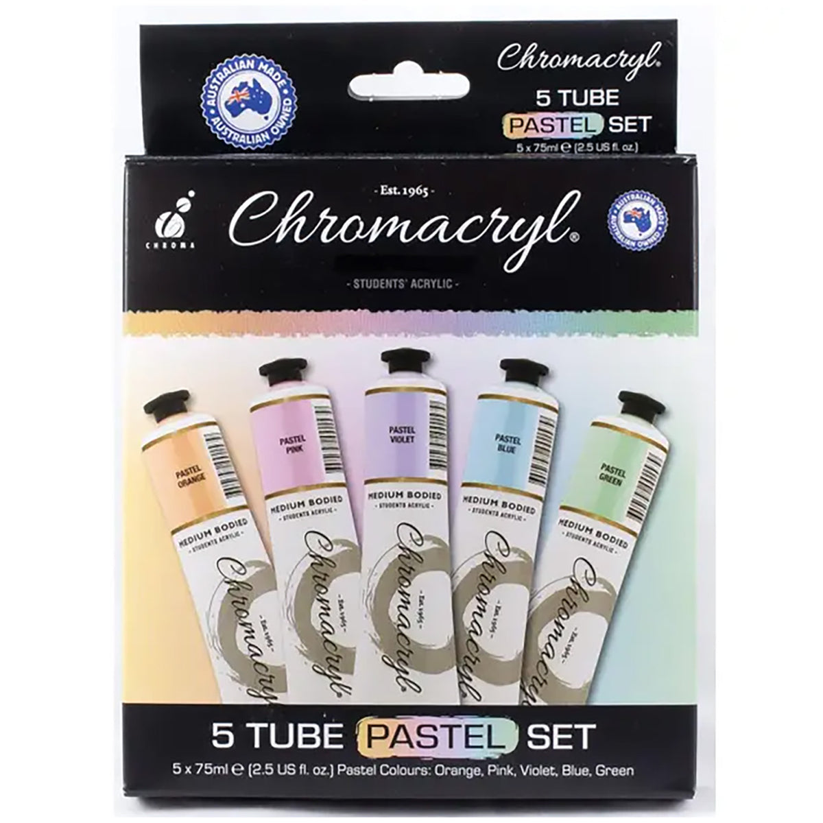 Chroma Chromacryl 5 Tube Pastel Set: black box with pastel orange, pink, violet, blue and green 75ml tubes, labelled 5 x 75ml Pastel Colours