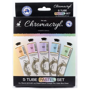 Chroma Chromacryl 5 Tube Pastel Set: black box with pastel orange, pink, violet, blue and green 75ml tubes, labelled 5 x 75ml Pastel Colours