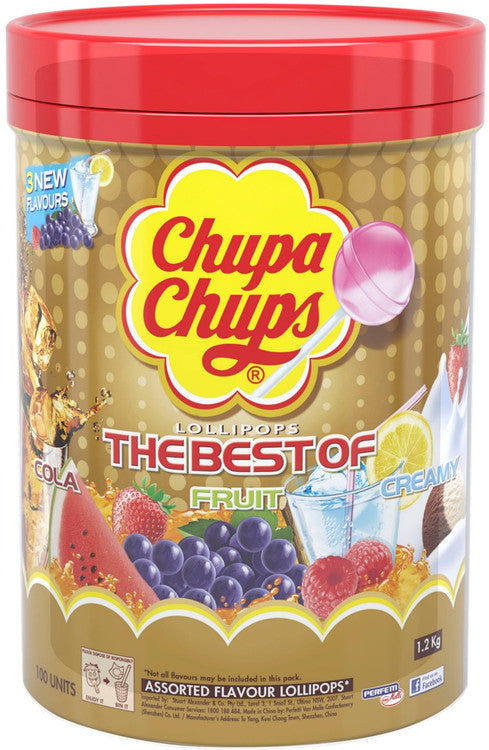 Chupa Chups 1.2kg tub containing 100 individually wrapped assorted flavour lollipops