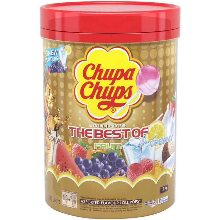 Chupa Chups 1.2kg tub containing 100 individually wrapped assorted flavour lollipops