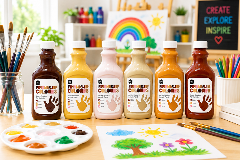 Set of Fruity Colours paint bottles on a table with art supplies and a child's drawing.