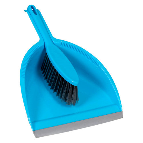 Cleanlink blue dustpan and brush set with rubber finishing edge and soft fibres for polished floors