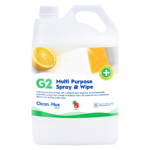 Clean Plus G2 Multi Purpose Spray and Wipe 5L concentrate bottle with citrus fragrance