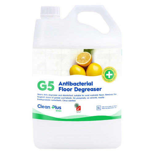Clean Plus G5 Antibacterial Floor Degreaser 5L bottle with citrus scent, GECA approved biodegradable formula