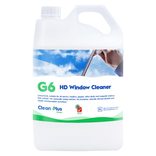 Clean Plus G6 HD concentrated window cleaner in a 5 litre bottle, ammonia-free and streak-free formula