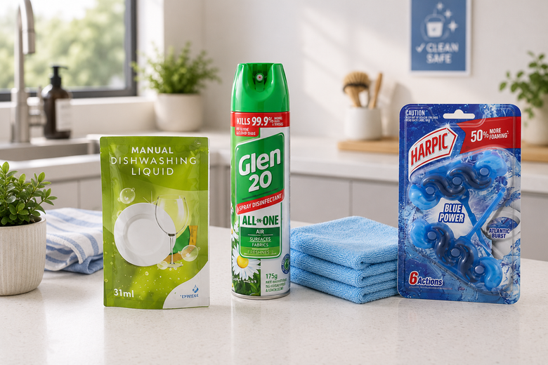 Three cleaning products displayed on a kitchen counter: a green box of Manual Dishwashing Liquid, a green can of Glen 20 All-One spray, and a blue package of HARPIC Blue Power Gel Cleansing Pads, with blue towels in front.