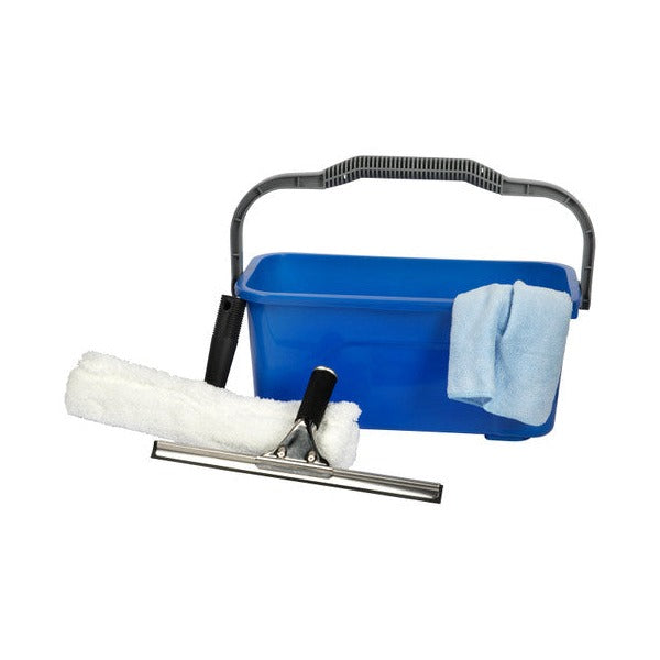 Cleanlink 12021 window cleaning kit showing bucket, cloth applicator, squeegee channel and T-bar for commercial glass cleaning