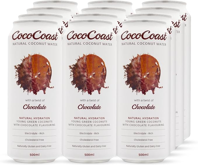 Front view of a CocoCoast Chocolate Coconut Water 500mL can in brown and blue packaging on a white background