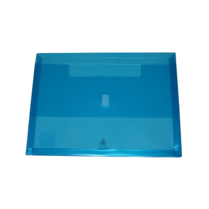 Colby 325A-BLUE translucent blue A4 Polywally wallet, closed, with the hook and loop tab at the centre of the flap and the Colby mark printed near the base