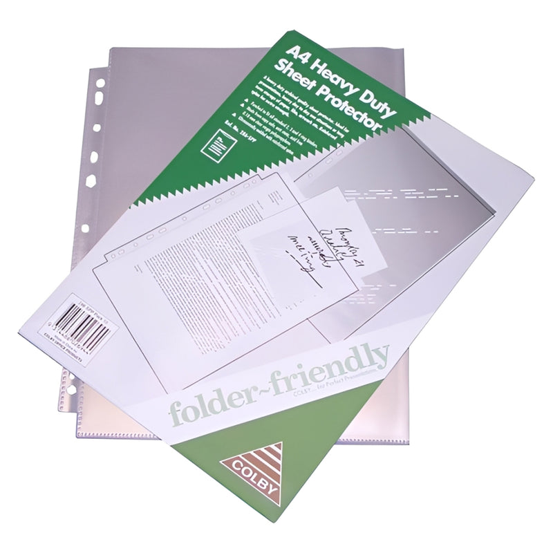 Colby A4 Heavy Duty Sheet Protector retail presentation showing clear folder friendly document pockets with a multipunched filing edge. The product packaging highlights the heavy duty A4 storage format designed to protect paperwork while allowing convenient organisation within standard office ring binders.