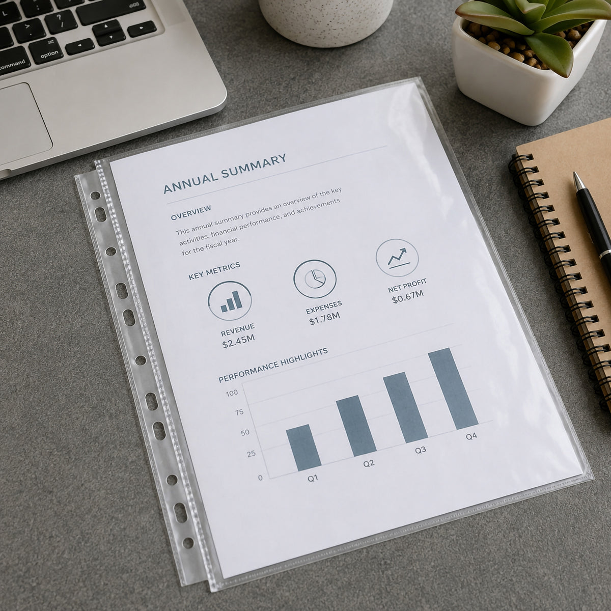 Colby clear A4 heavy duty sheet protector displayed flat on a desk beside a laptop, notebook and plant. An annual summary report is stored inside the transparent pocket, demonstrating a practical way to protect frequently referenced business documents while keeping their contents clearly visible.