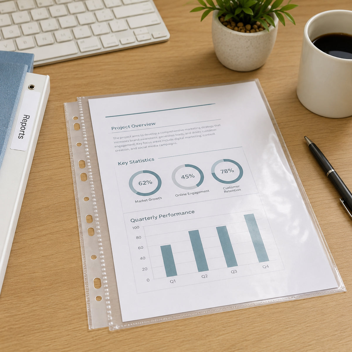 Clear Colby A4 sheet protector holding a project overview document on a timber office desk beside a labelled reports binder, keyboard and stationery. The punched filing strip is clearly visible, highlighting its suitability for organising protected A4 documents within standard ring binder filing systems.